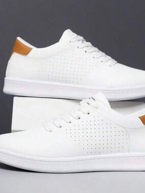 White Men's Casual Sneakers with Tan Heel Accent